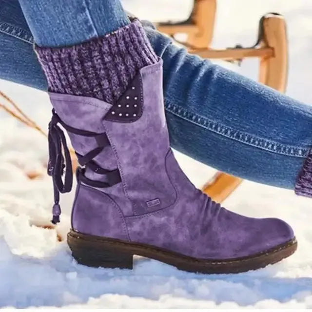 Women's suede side zip heeled boots with lace-up back