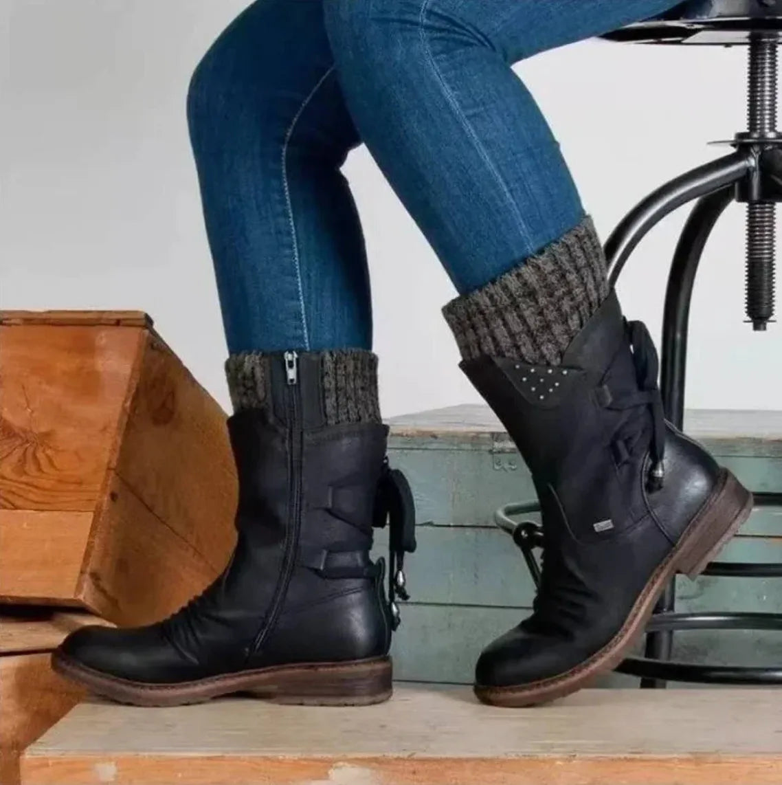 Women's suede side zip heeled boots with lace-up back