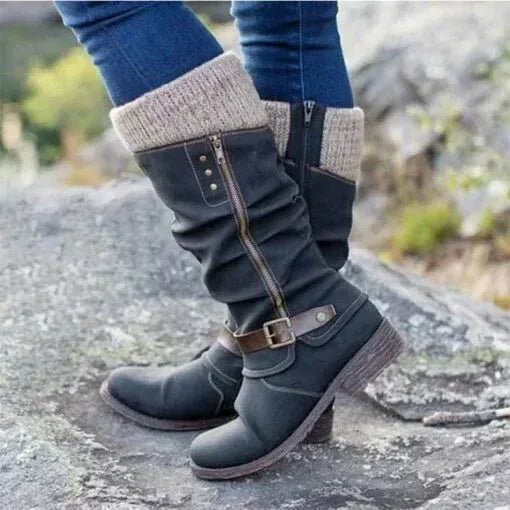 Women's suede side zip knee high boots with knit cuff