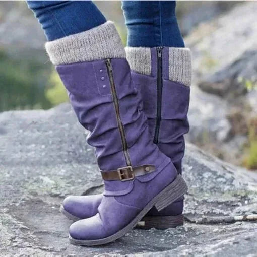 Women's suede side zip knee high boots with knit cuff