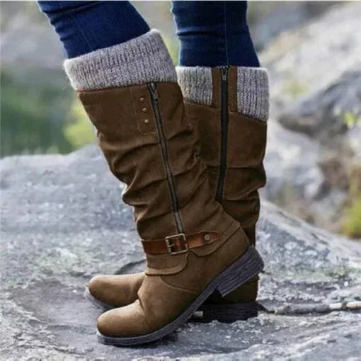 Women's suede side zip knee high boots with knit cuff