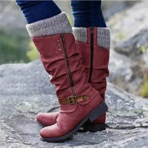 Women's suede side zip knee high boots with knit cuff