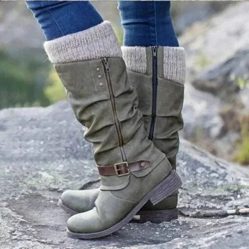 Women's suede side zip knee high boots with knit cuff