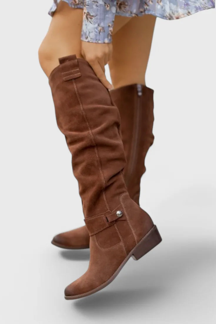 Women's suede side zip knee high boots with slouchy shaft and buckle