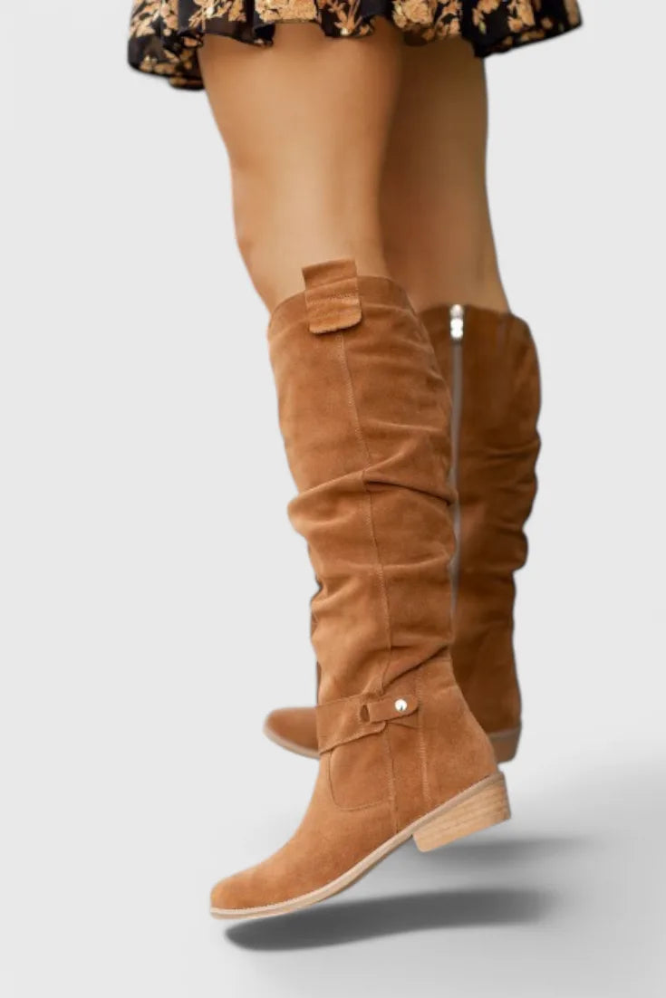 Women's suede side zip knee high boots with slouchy shaft and buckle