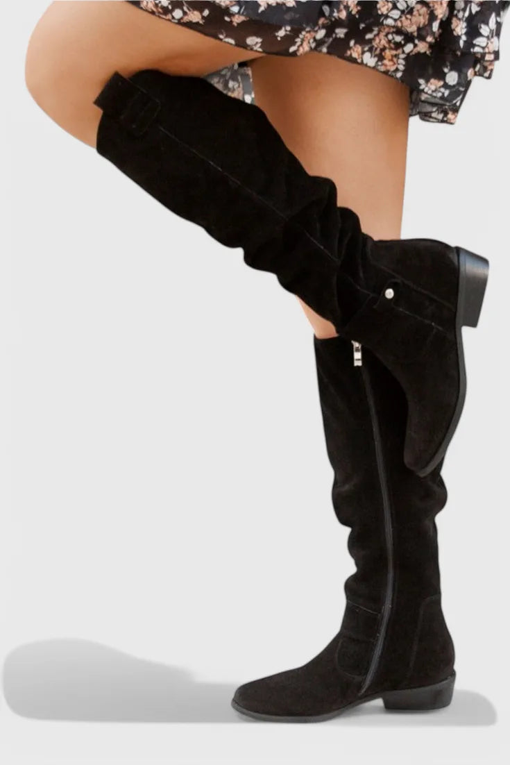 Women's suede side zip knee high boots with slouchy shaft and buckle