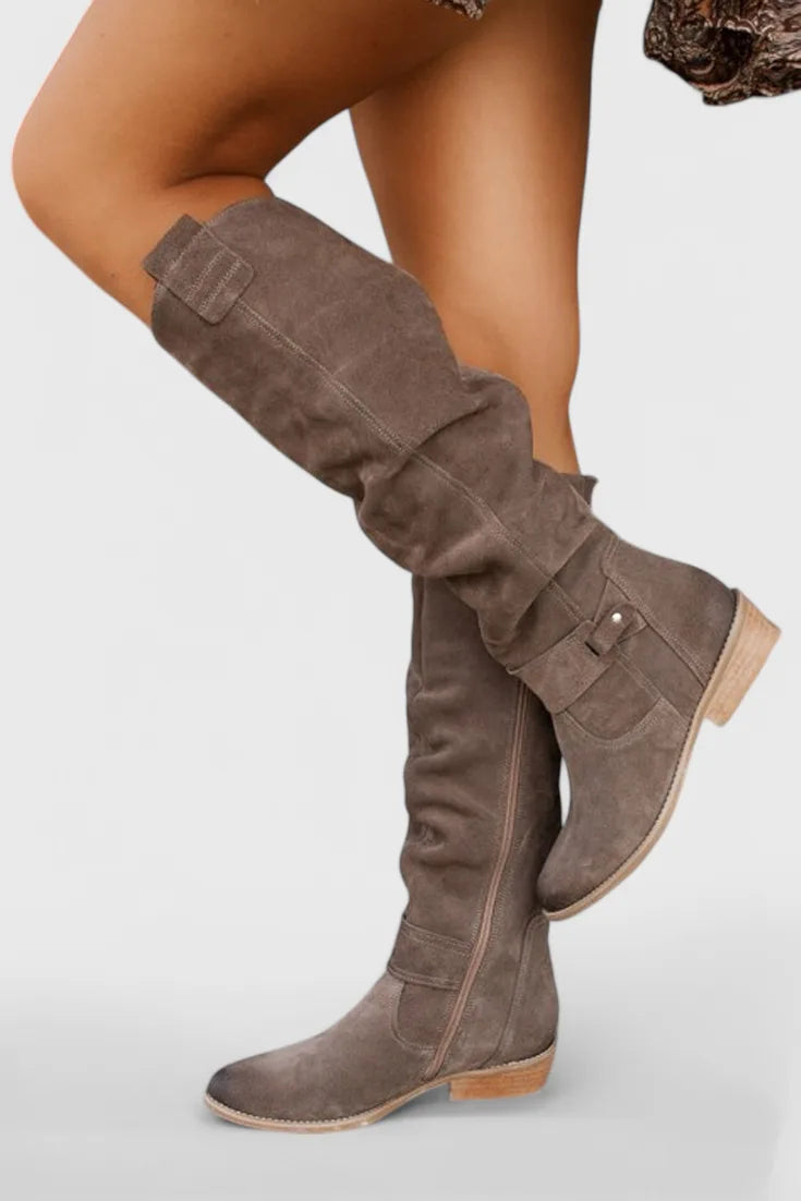 Women's suede side zip knee high boots with slouchy shaft and buckle
