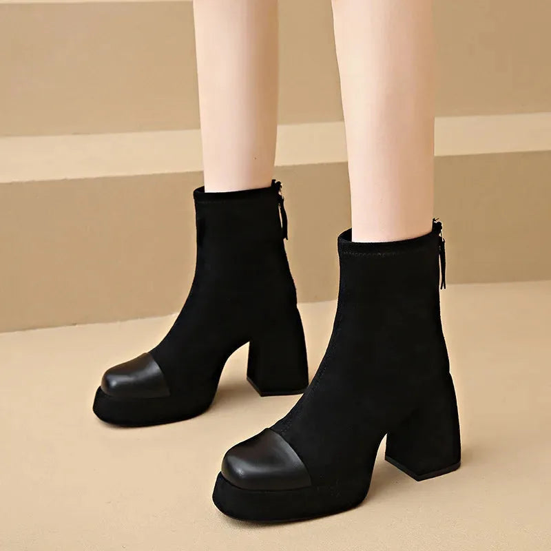 Women's suede zip-up ankle boots with square toe