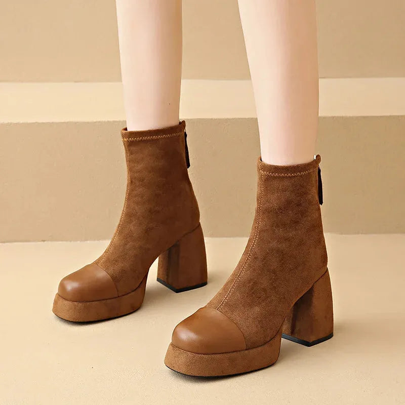 Women's suede zip-up ankle boots with square toe