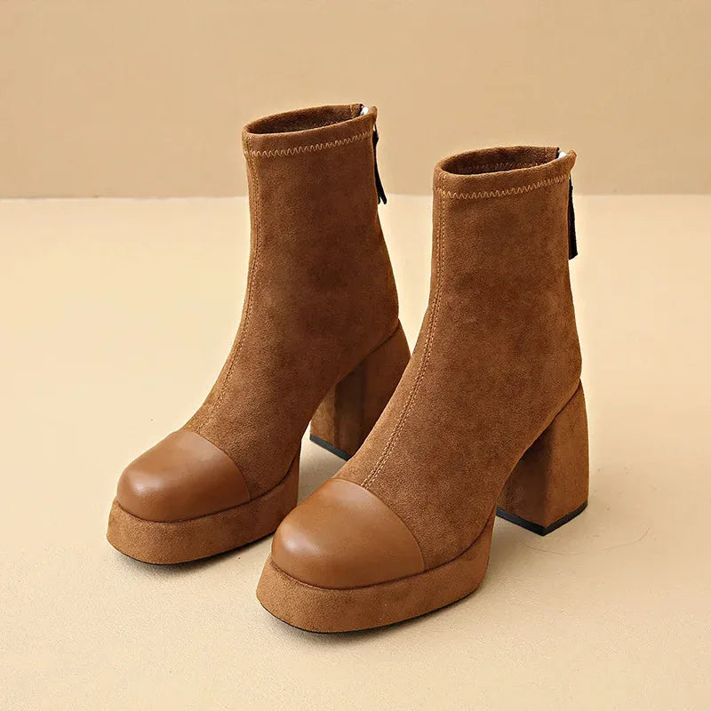 Women's suede zip-up ankle boots with square toe
