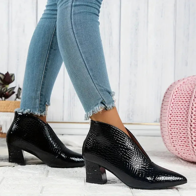 Women's Textured Ankle Boots with Curved Cut and Mid Block Heel