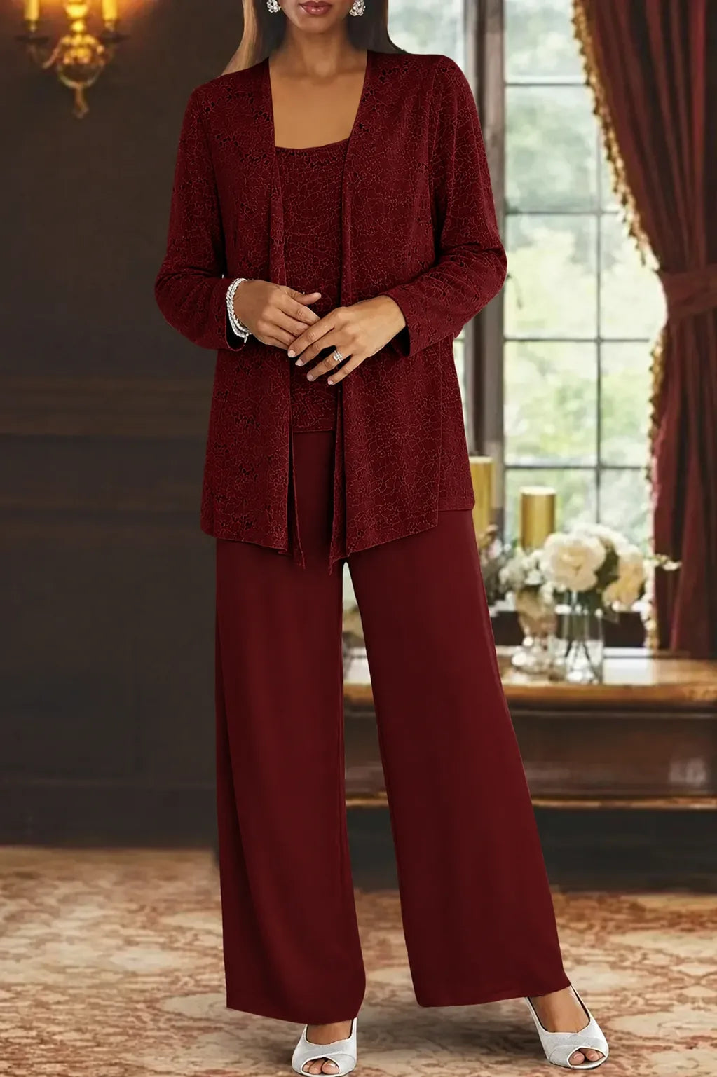 Women's Three Piece Wide Leg Pant Set with Jacket