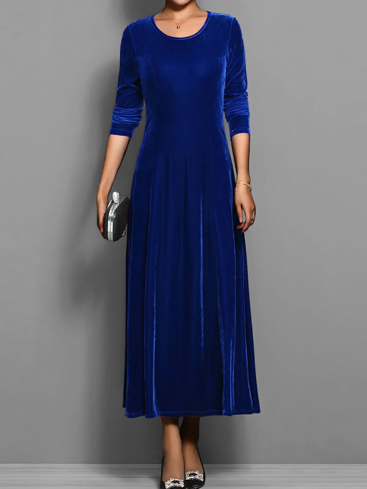 Women's velvet crew neck midi dress with fitted bodice flared skirt