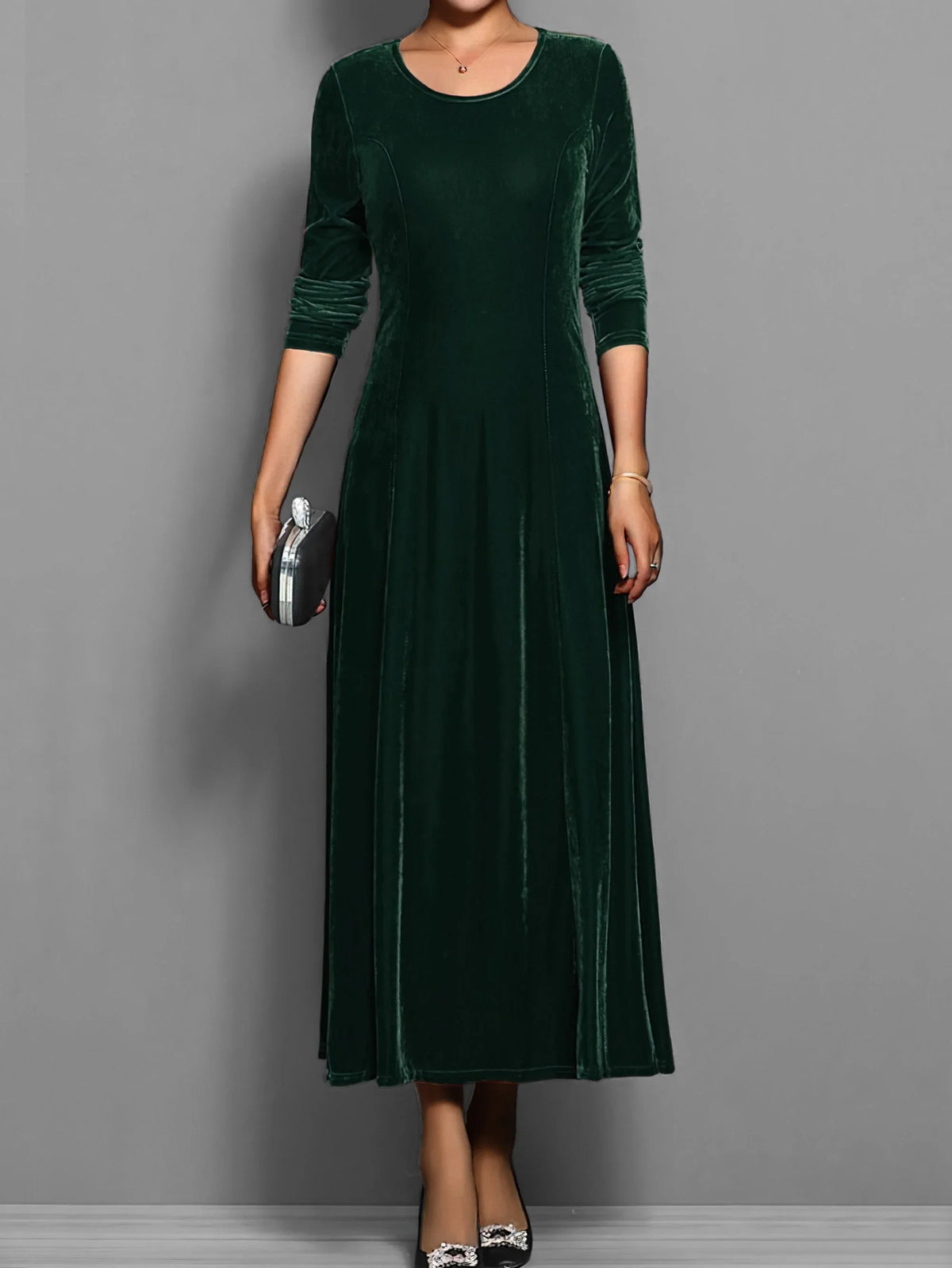 Women's velvet crew neck midi dress with fitted bodice flared skirt