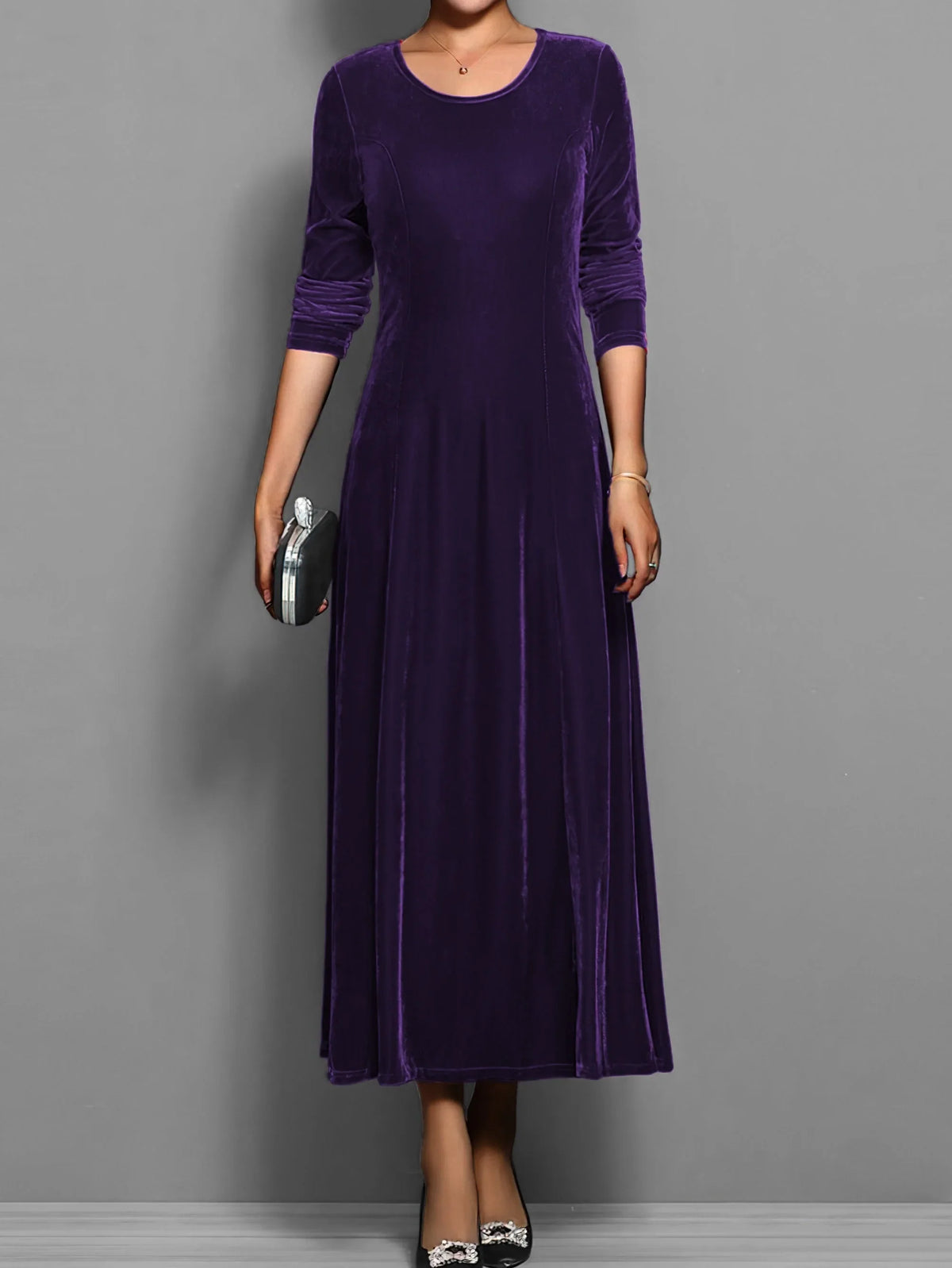 Women's velvet crew neck midi dress with fitted bodice flared skirt