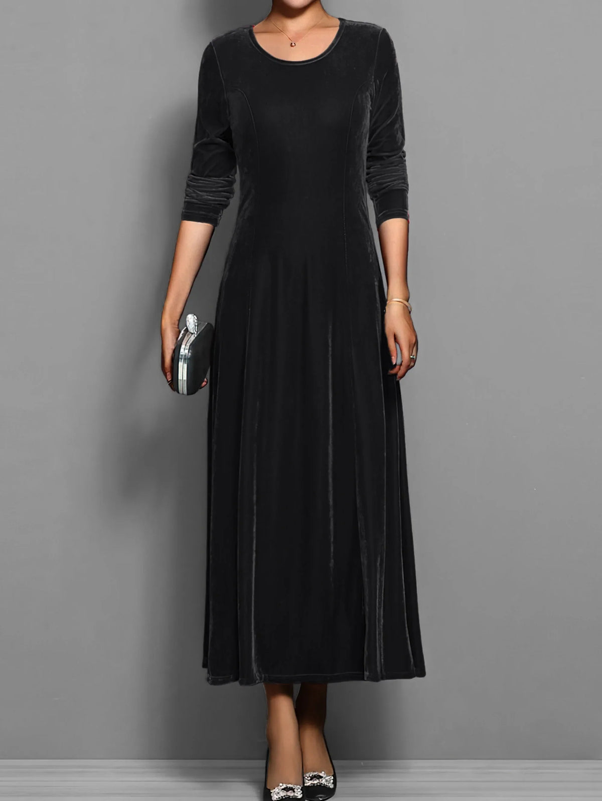 Women's velvet crew neck midi dress with fitted bodice flared skirt