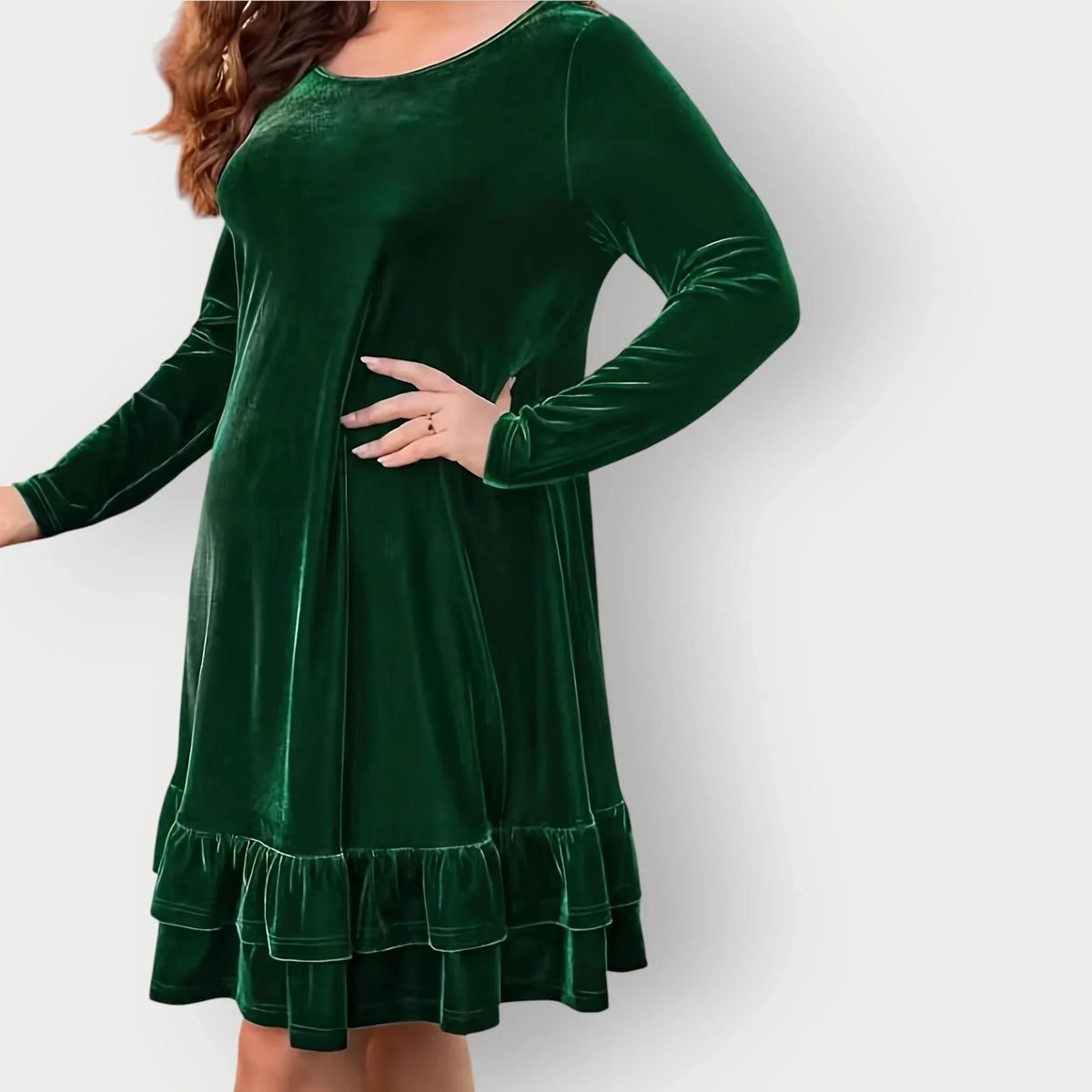 Women's velvet crew neck mini dress with ruffled hem