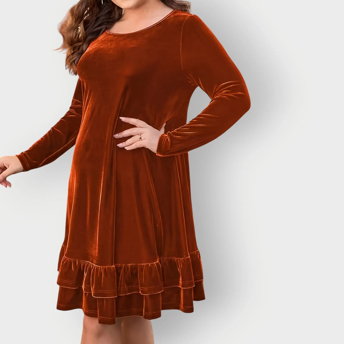 Women's velvet crew neck mini dress with ruffled hem