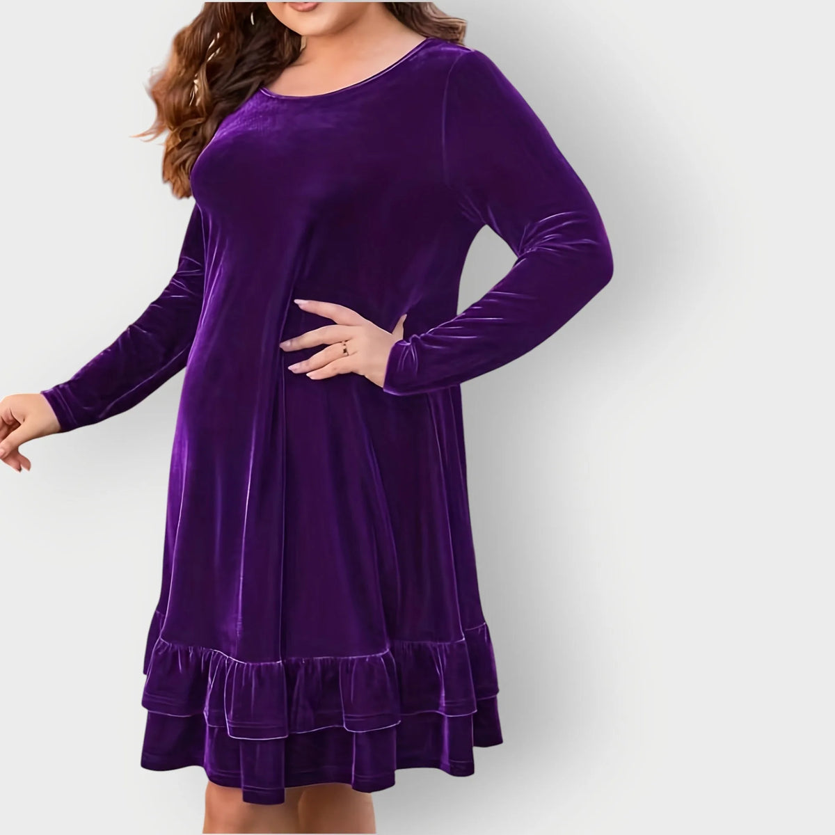 Women's velvet crew neck mini dress with ruffled hem