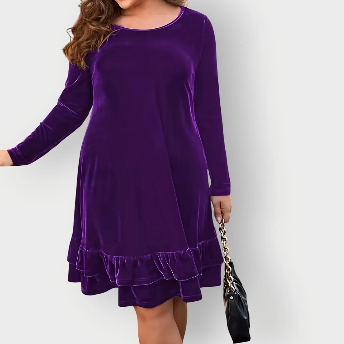 Women's velvet crew neck mini dress with ruffled hem