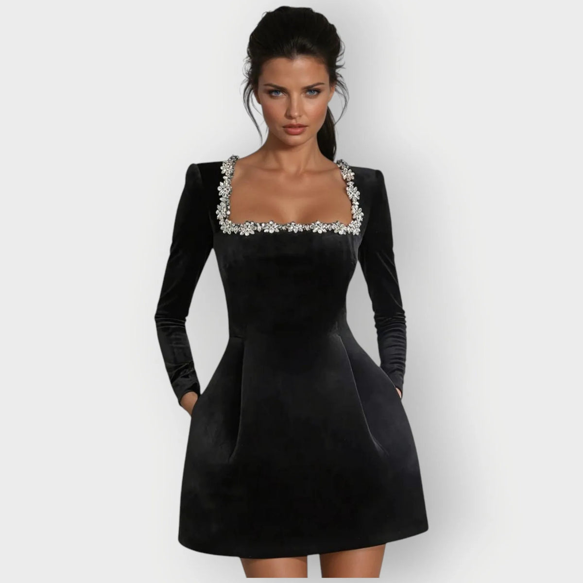 Women's velvet mini dress with embellished square neckline