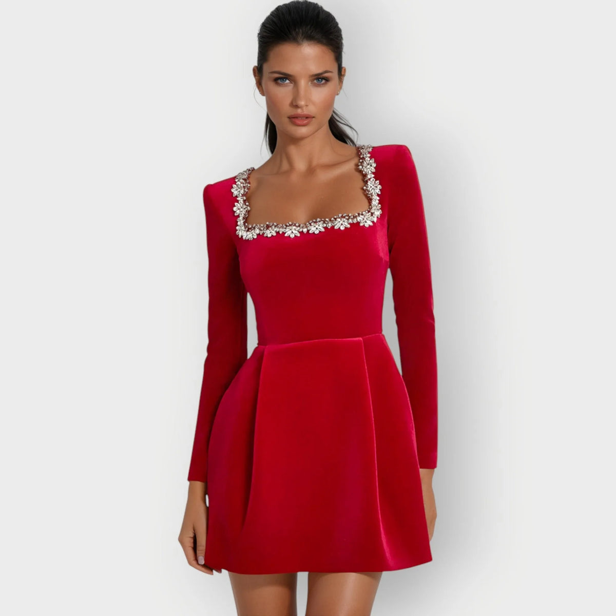 Women's velvet mini dress with embellished square neckline