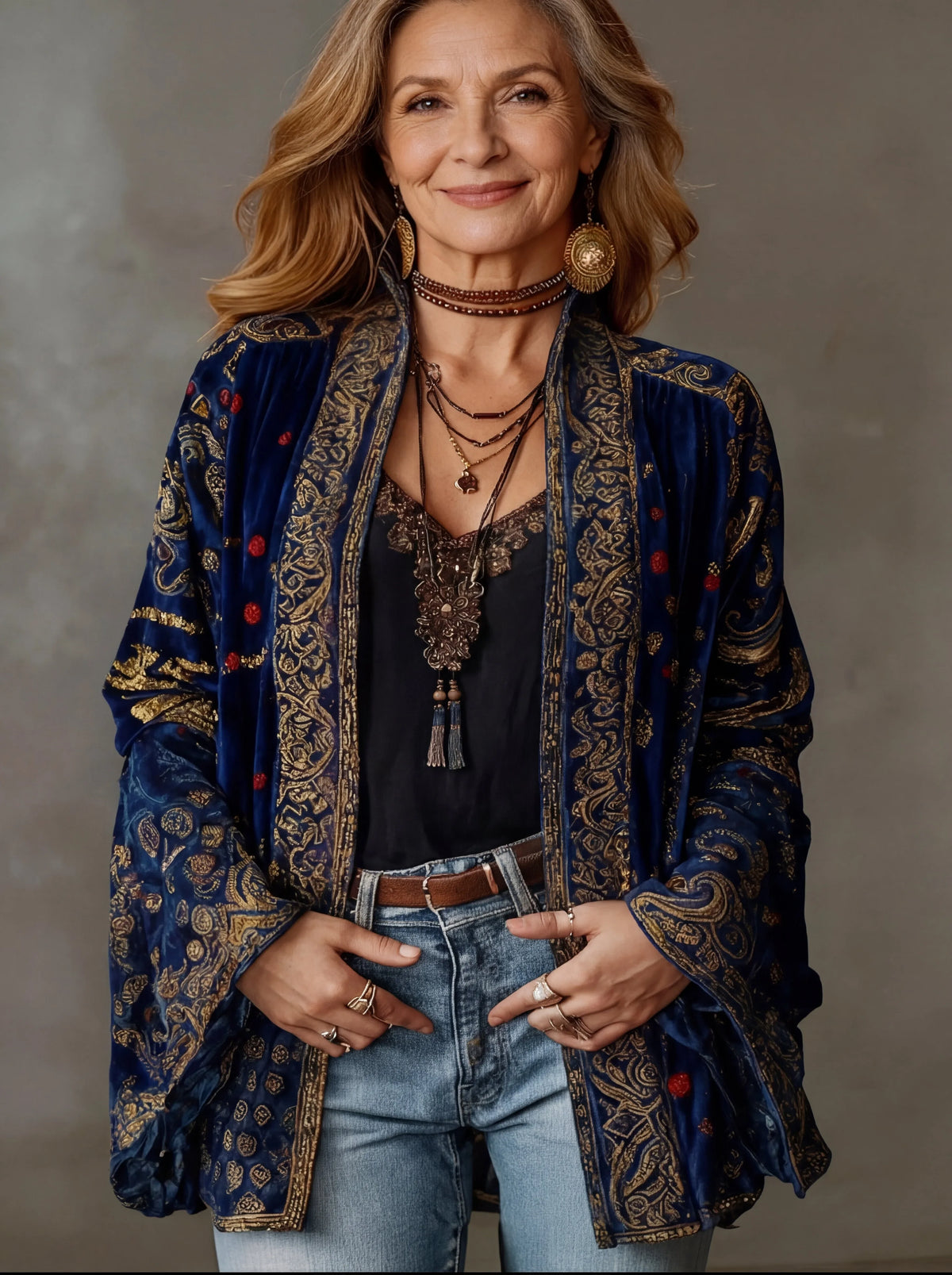 Women's velvet open-front shawl collar kimono with ornate pattern