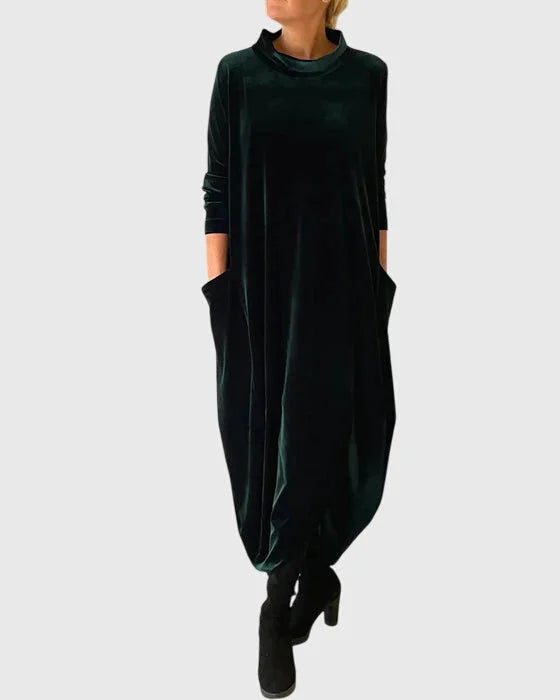 Women's velvet roll neck midi dress with balloon hem