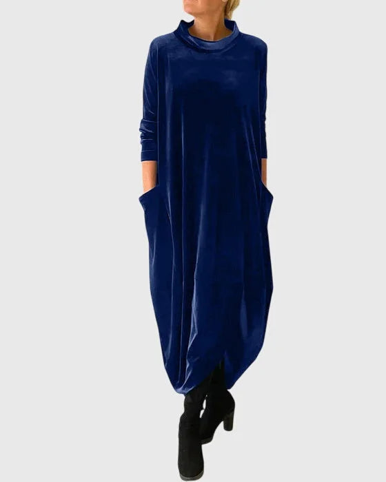 Women's velvet roll neck midi dress with balloon hem