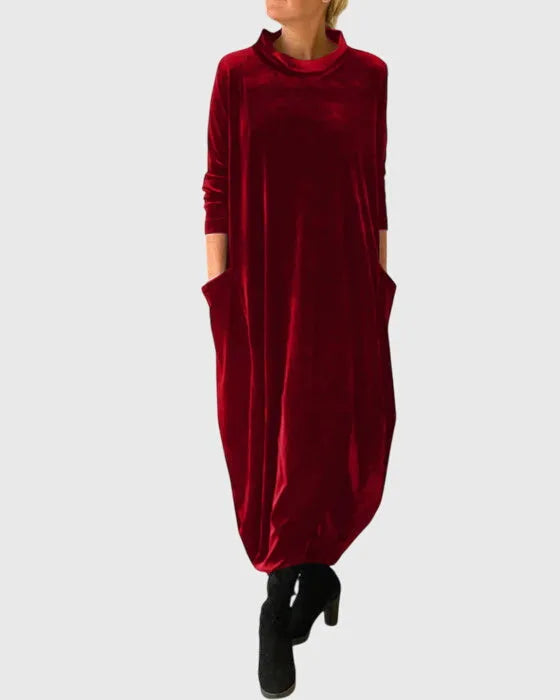 Women's velvet stand collar midi dress with side pockets