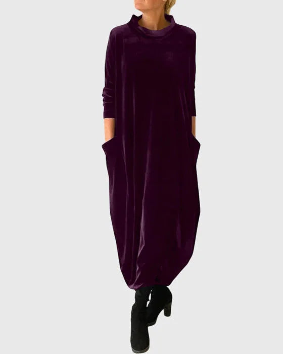 Women's velvet stand collar midi dress with side pockets