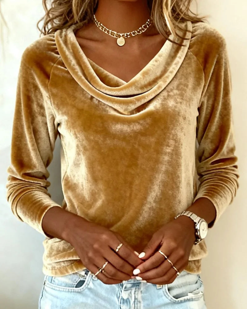 Women's velvet v-neck top with draped cowl