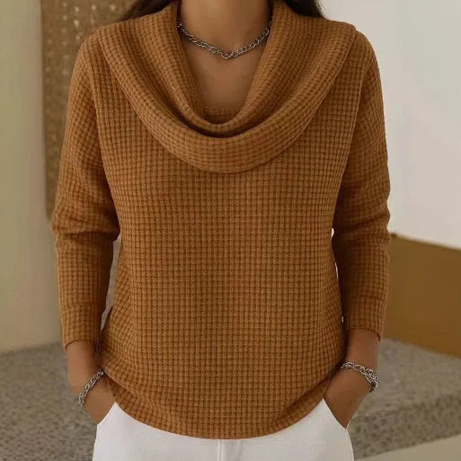 Women's warm waffle knit sweater with elegant cowl neck