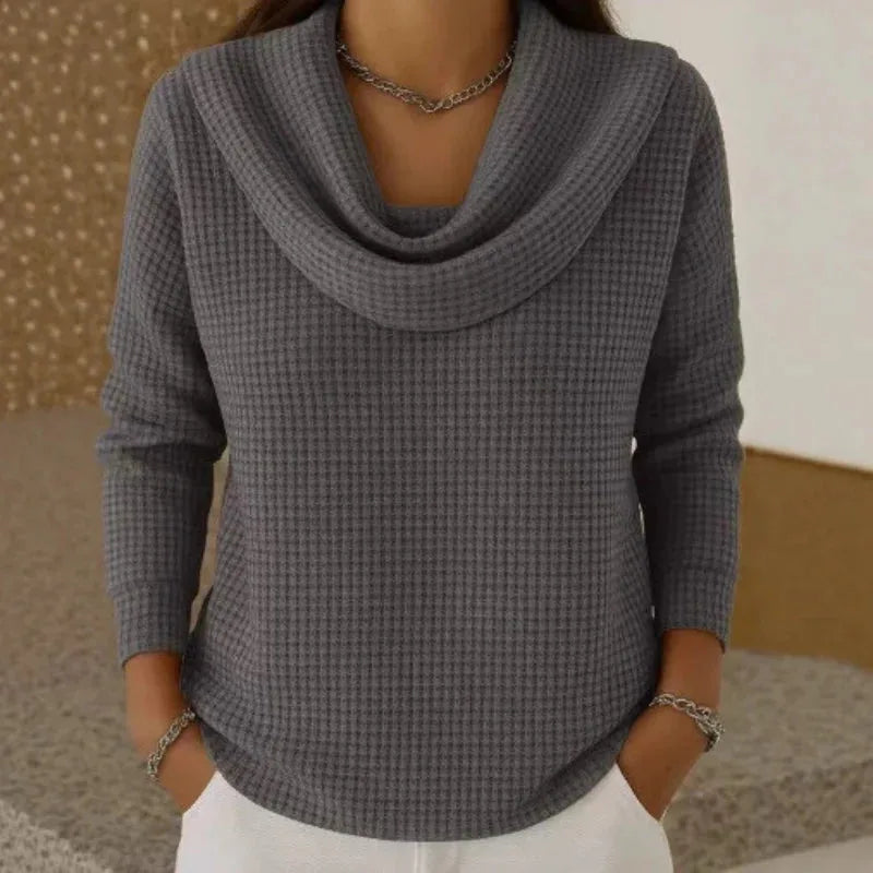 Women's warm waffle knit sweater with elegant cowl neck