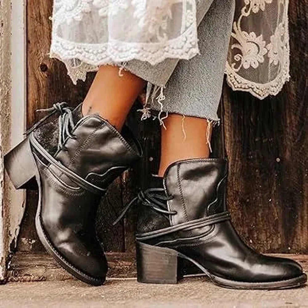 Women's Western Ankle Boots Block Heel Lace-Up Booties