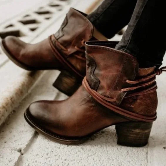 Women's Western Ankle Boots Block Heel Lace-Up Booties