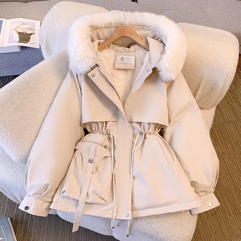 Women's zip-up faux fur hooded jacket with drawstring waist
