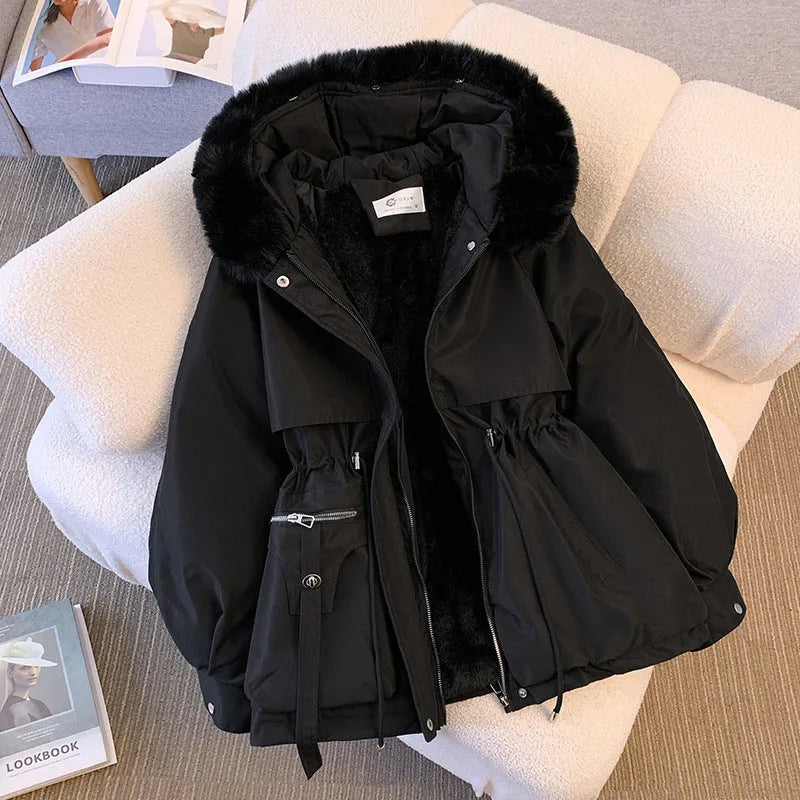 Women's zip-up faux fur hooded jacket with drawstring waist