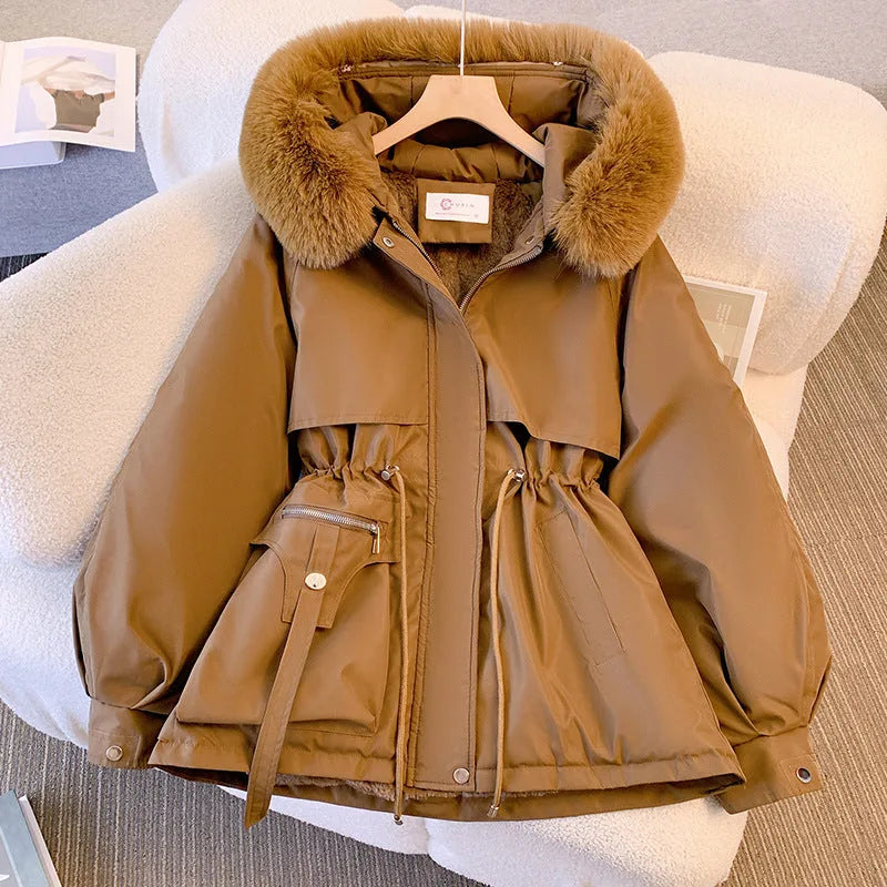 Women's zip-up faux fur hooded jacket with drawstring waist