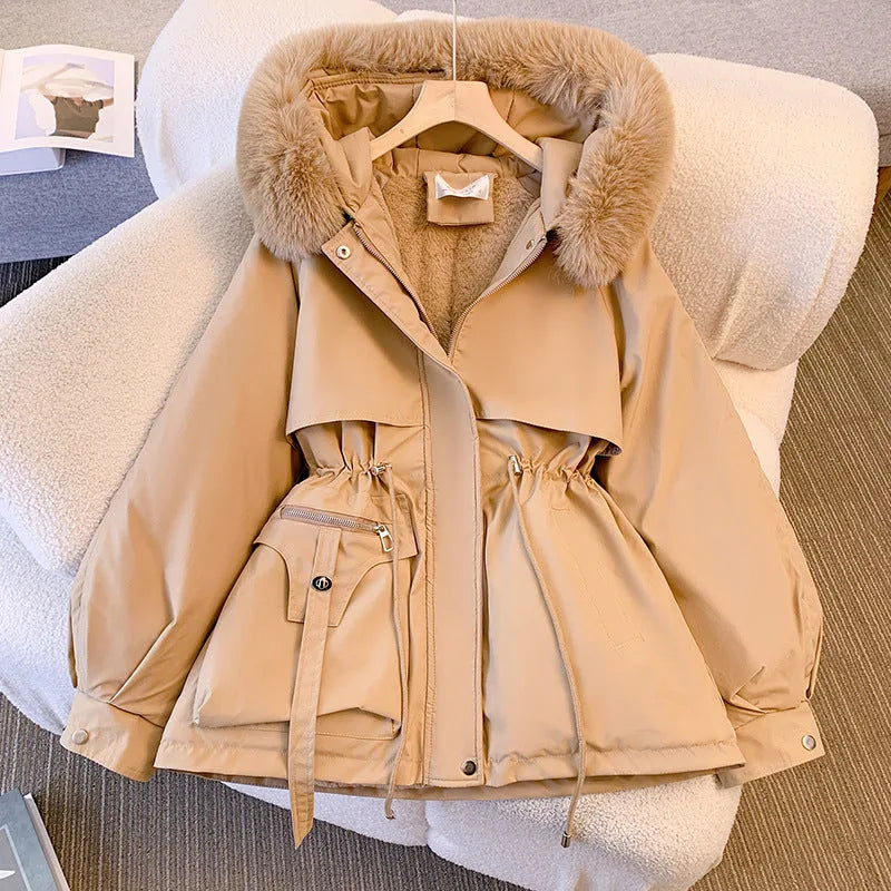 Women's zip-up faux fur hooded jacket with drawstring waist