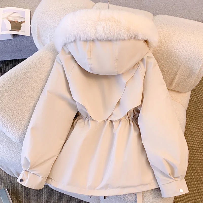 Women's zip-up faux fur hooded jacket with drawstring waist