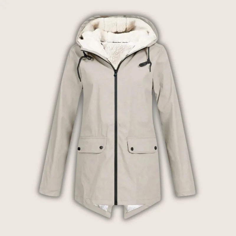 Women's zip-up hooded waterproof parka with sherpa fleece lining