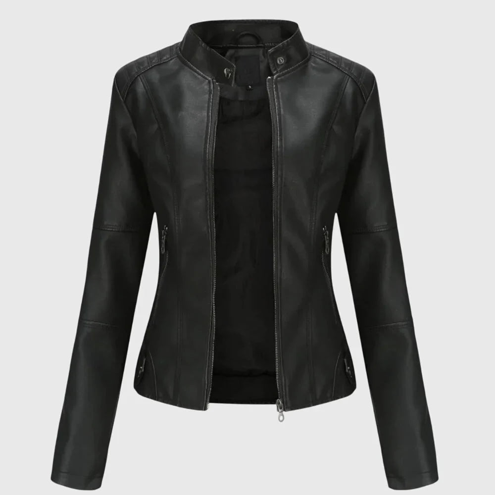 Women's zip-up stand collar leather jacket with zipper pockets