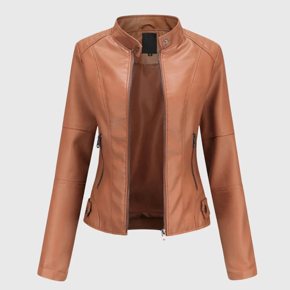 Women's zip-up stand collar leather jacket with zipper pockets