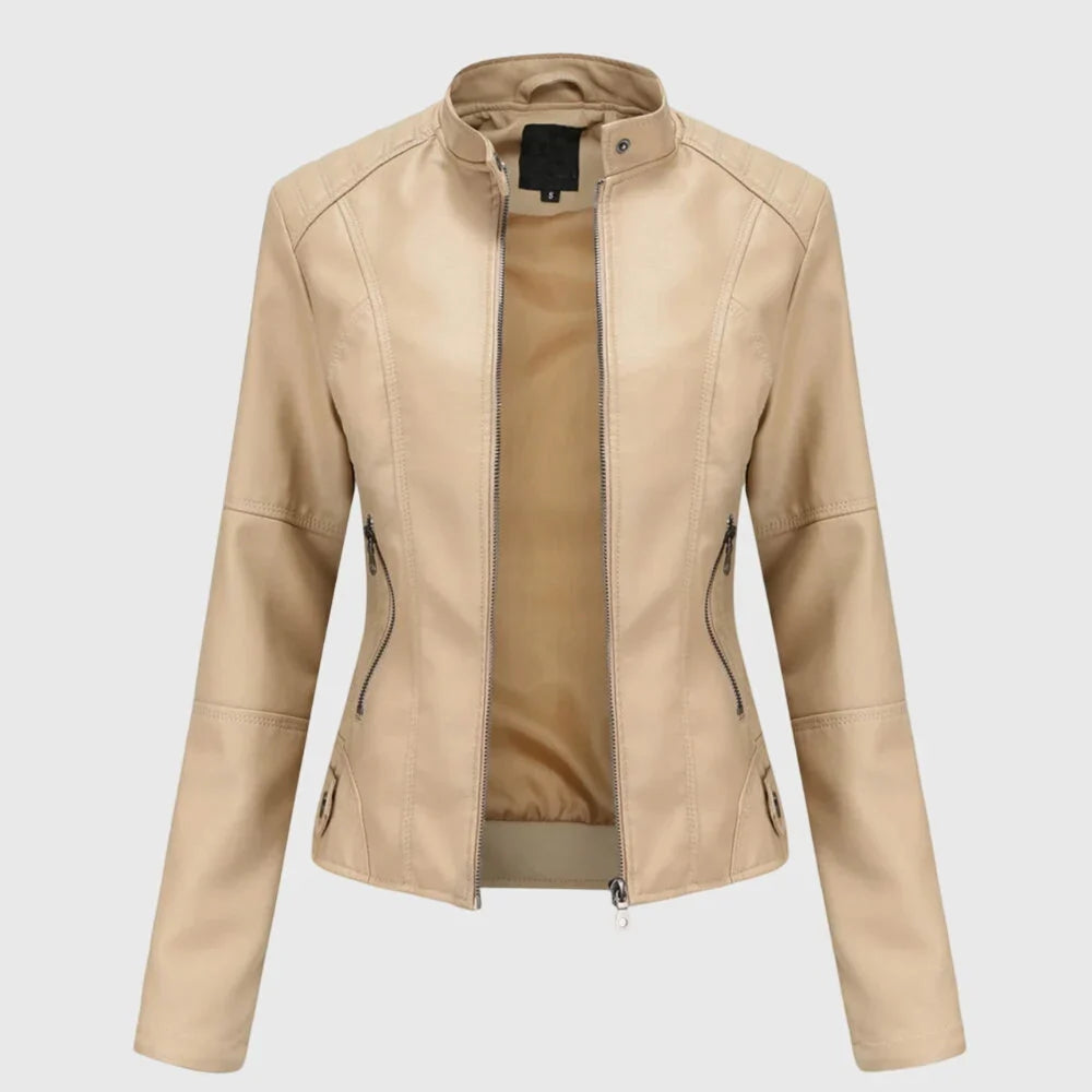 Women's zip-up stand collar leather jacket with zipper pockets