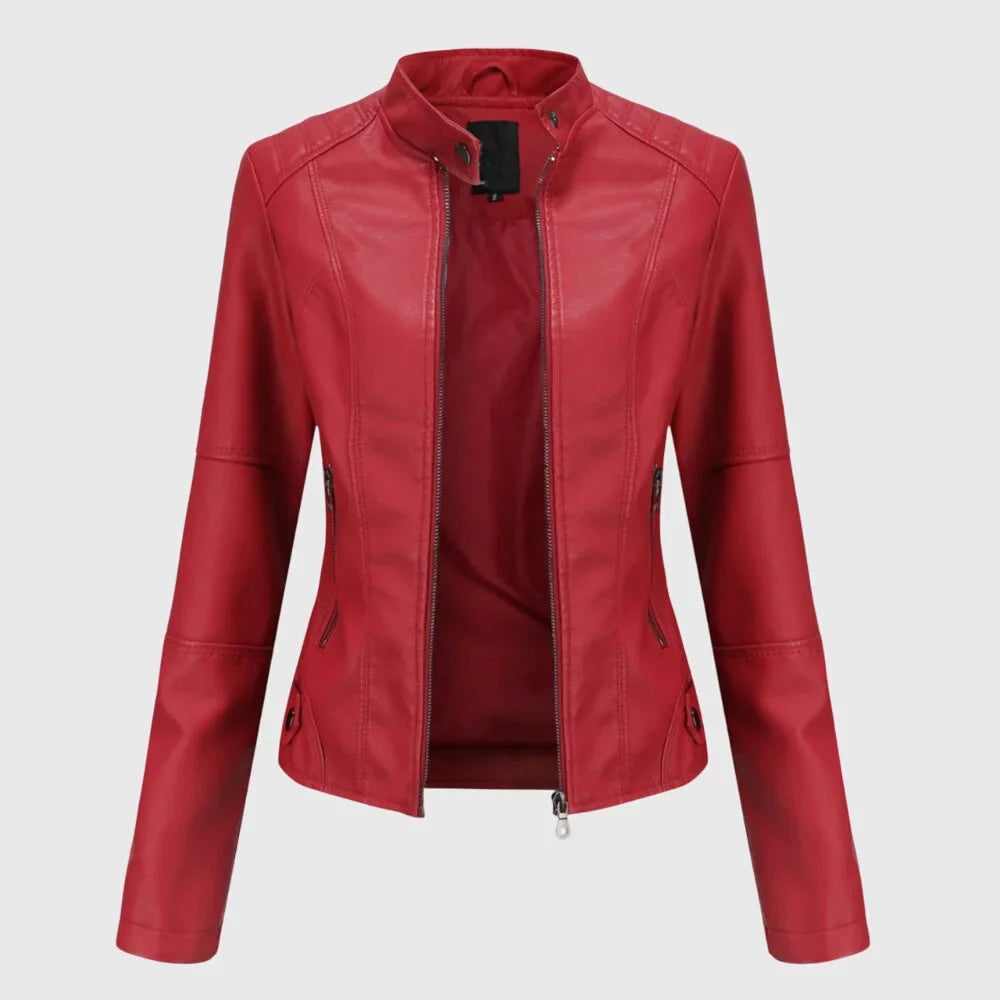 Women's zip-up stand collar leather jacket with zipper pockets