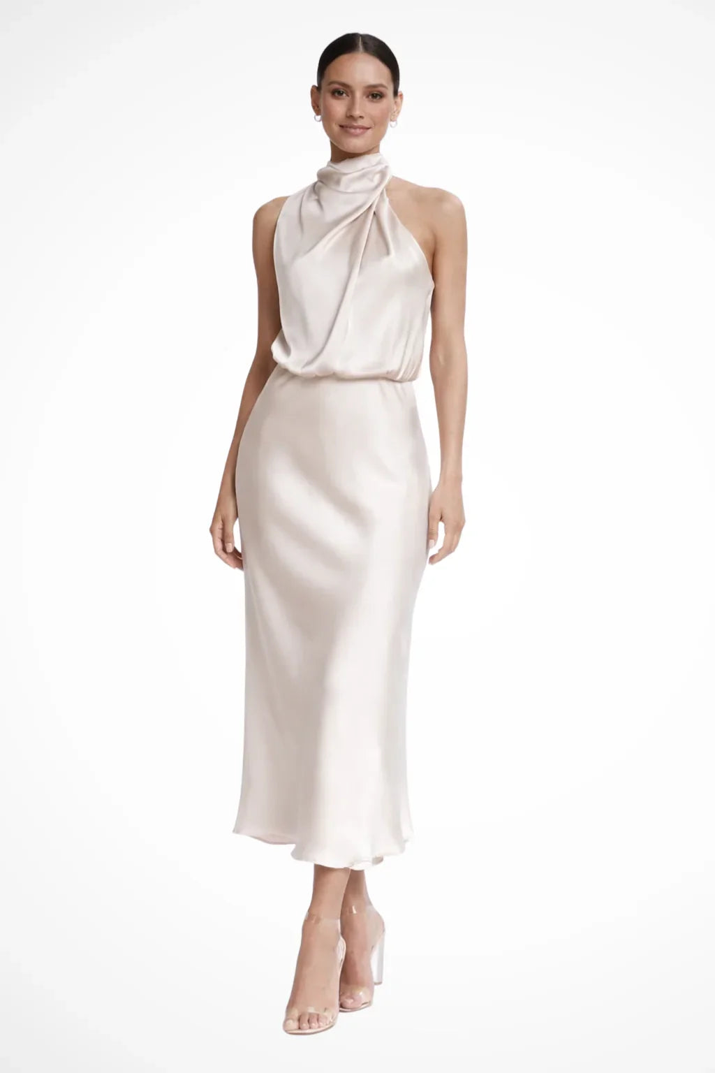 Eloise | Women's Halter Neck Formal Midi Dress with Drape Neckline