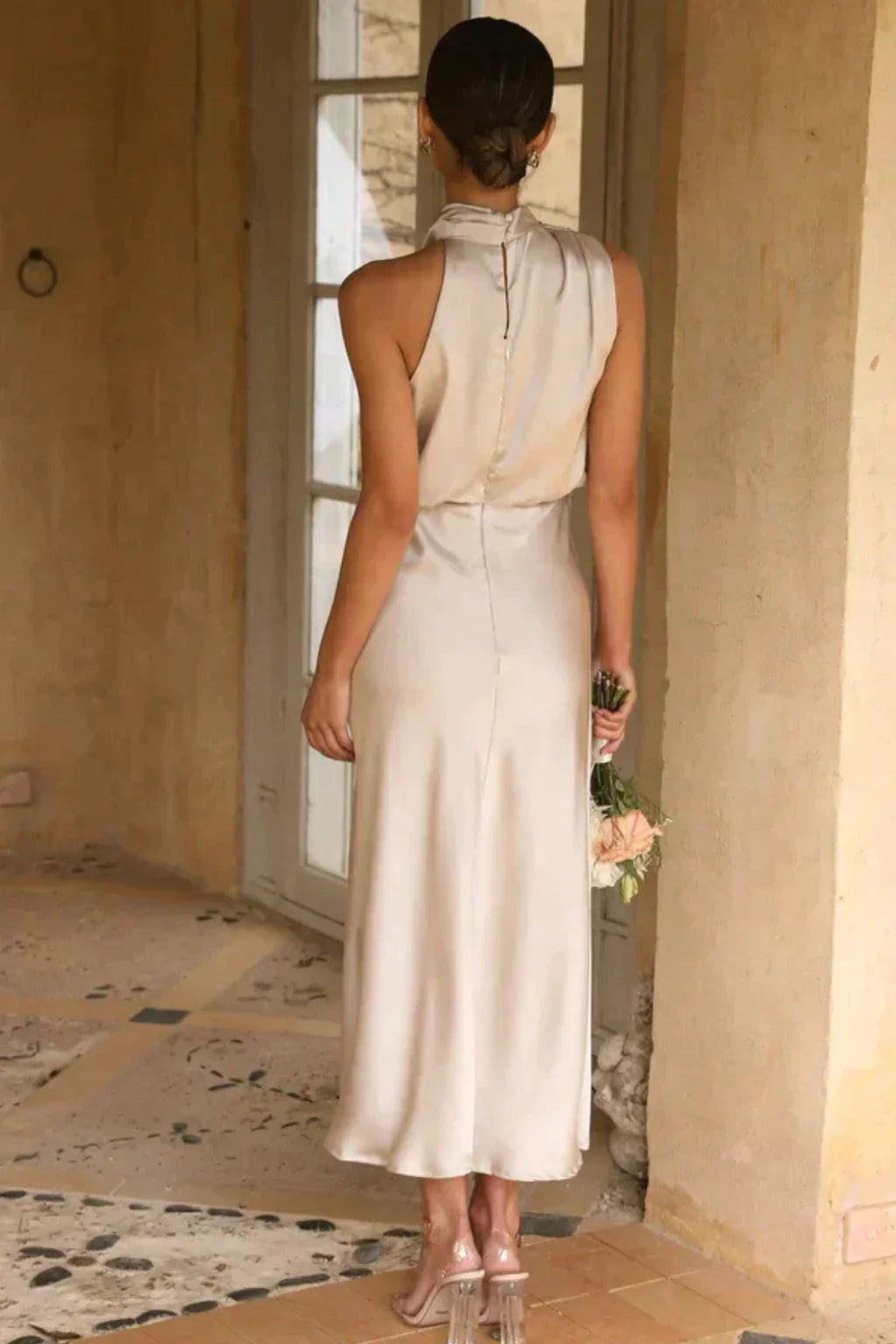 Eloise | Women's Halter Neck Formal Midi Dress with Drape Neckline