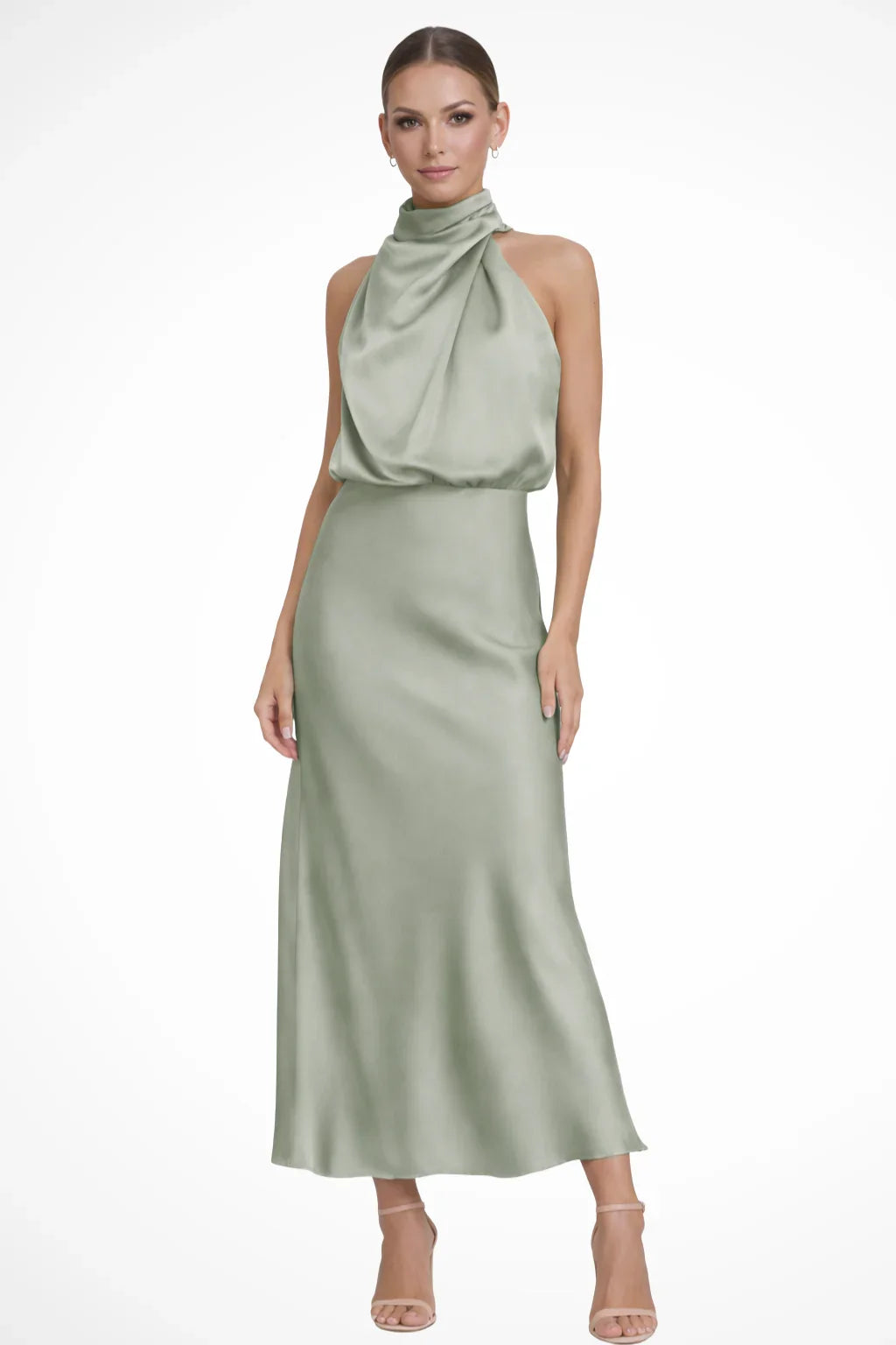 Eloise | Women's Halter Neck Formal Midi Dress with Drape Neckline