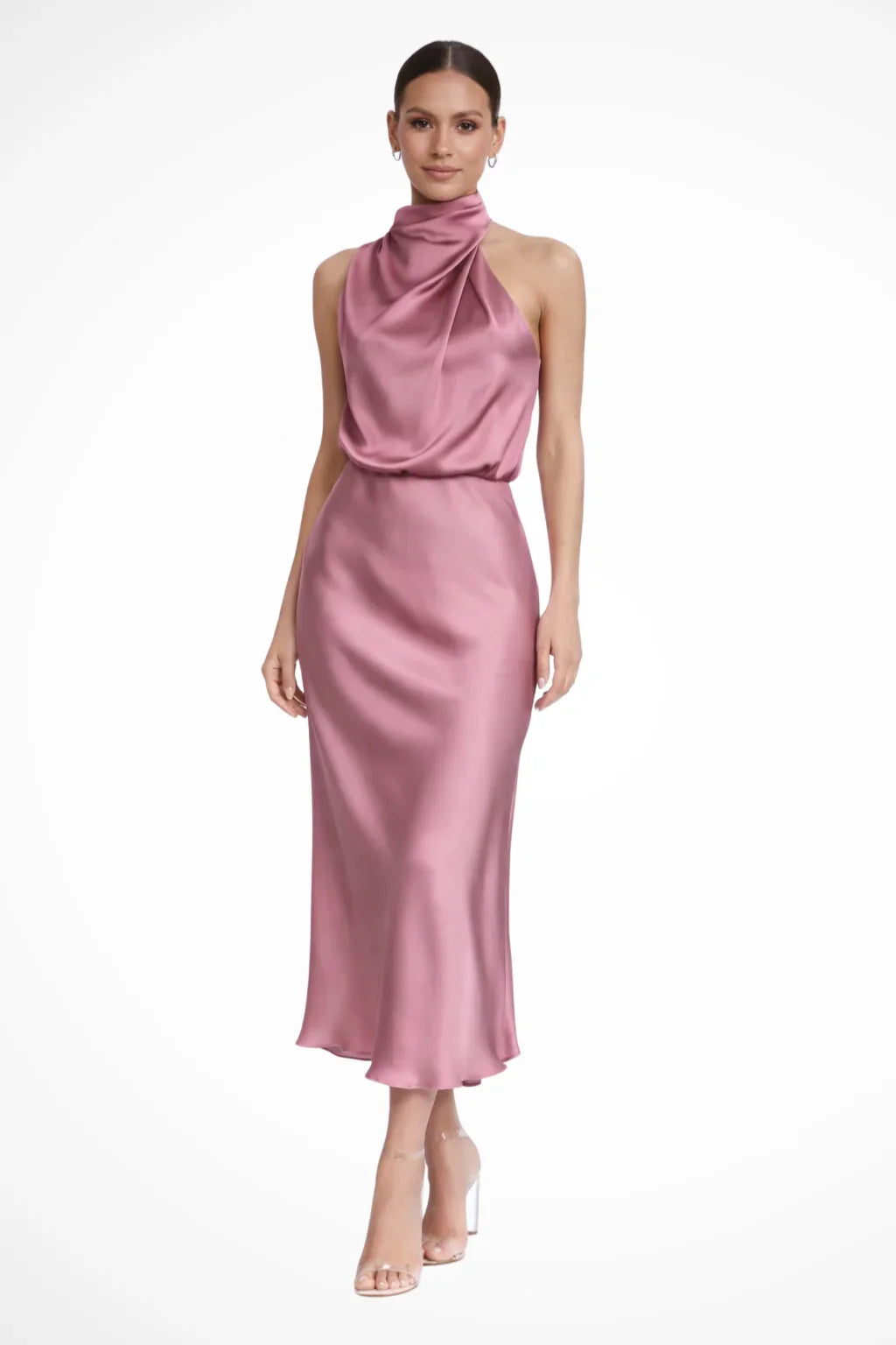 Eloise | Women's Halter Neck Formal Midi Dress with Drape Neckline